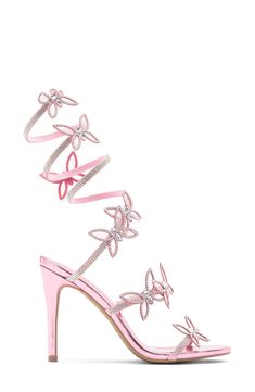 Dazzling crystals embellish fluttering butterfly appliqués on the stiletto-heel sandal with a coil-wrapped strap for added drama. 4" heel Synthetic upper, lining and sole Imported Butterfly Lace Up Heels, Heels With Butterflies, Pink Butterfly Heels, Glamorous Pink Strappy Heels, Luxury Pink Strappy Heels, Fluttering Butterfly, Butterfly Sandals, Tom Ford Sunglasses, Pink Fits