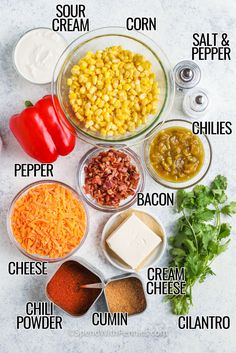 ingredients to make mexican corn salad laid out on a white surface with text overlay