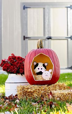 a pumpkin decorated with an image of a cow and pig in a barnyard surrounded by fall foliage