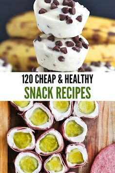 some food is stacked on top of each other with the words 120 cheap and healthy snack recipes