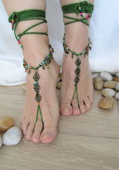 **Designed and hand crafted with care by ayrabridal. *The Barefoot consists of 2 pieces for each foot.**The string is big enough to surround your ankle at least 3-4 times. ** Please choose yarn color from the drop down menu. **They will embellish your feet and you can wear it with sandals in a variety of styles from work to casual to evening attire.Suitable for beach weddings, beach parties, pool cocktail parties, festivals, photo shoots and special occasions. **Please don't hesitate to reach ou Handmade Barefoot Sandals With Ankle Strap As Gift, Handmade Ankle Strap Barefoot Sandals As Gift, Bohemian Ankle Wrap Barefoot Sandals, Bohemian Handmade Anklets With Ankle Strap, Handmade Bohemian Anklets With Ankle Strap, Green Handmade Bohemian Sandals, Bohemian Green Sandals For Beach, Handmade Hippie Toe Ring Anklets, Beach Toe Ring Anklets