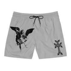 Trust No1 - Angel - Cross Men's Mid-Length Swim Shorts Perfect for the summer Made with 95% polyester and 5% spandex, it's the perfect blend for swimming and relaxing. These mid-length shorts are lightweight, come with an inner mesh brief and a relaxed fit, because sunny days at the coast are all about lounging. Along with the choice between black or white drawstrings, these shorts also come with two side pockets for added practicality.  .: Material: 95% polyester, 5% spandex .: Black or white drawstrings .: Inner mesh brief .: Two side pockets .: Seam thread color automatically matched to design (black or white) Summer Streetwear Bottoms With Moisture-wicking, Moisture-wicking Bottoms For Summer Streetwear, Moisture-wicking 4-way Stretch Bottoms For Beach Season, Relaxed Fit Sports Pants For Summer, Summer Sports Moisture-wicking Pants, Stretch Swim Trunks For Streetwear In Summer, 4-way Stretch Sports Pants For Summer, Relaxed Fit Moisture-wicking Bottoms For Summer, Stretch Moisture-wicking Summer Pants