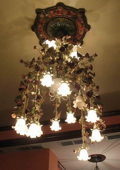 a chandelier hanging from the ceiling in a room with light bulbs on it