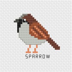 a cross stitch bird with the word sparrow on it's chest and head is shown