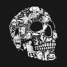 a black and white drawing of a skull with various halloween related items on it's face