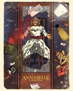 an illustration of a woman sitting in a chair surrounded by other objects and signs that read, annabele comes home