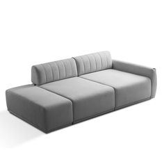 a gray couch sitting on top of a white floor