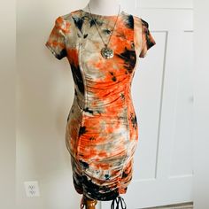 Fashion Nova Tie Dye Mini Dress Size M New With Tag Casual Fitted Orange Mini Dress, Fitted Casual Orange Mini Dress, Casual Orange Ruched Dress, Fitted Tie Dye Mini Dresses, Orange Ruched Knee-length Midi Dress, Tie-dye Fitted V-neck Dress, Fitted Tie Dye V-neck Dress, Casual Tie-dye Mini Dress, Tie Dye Mini Dress