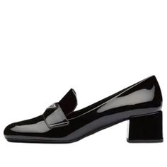 (WMNS) PRADA Patent Leather Loafers 'Black' 1D763M_069_F0002_F_045 Business Casual Patent Leather Loafers With Pointed Toe, Designer Pointed Toe Loafers For Evening, Patent Leather Loafers With Flat Heel For Galas, Patent Leather Flat Heel Loafers For Galas, Luxury Loafers With Leather Sole And Low Heel, Luxury Pointed Toe Loafers With Rubber Sole, Elegant Workwear Heels With Rubber Sole, Timeless Black Office Heels, Classic Patent Leather Low Heel Loafers