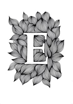 the letter e is made up of leaves and has been drawn in black on white paper