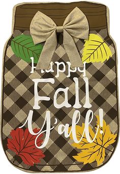 an oven mitt with fall leaves and a bow on the front that says happy fall y'all