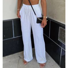 White Beach Season Loungewear Pants, White Summer Pants For Beach Cover-up, White Drawstring Beach Pants, Beachy White Wide-leg Pants, White Relaxed Fit Beachwear Pants, Boutique Pants, White Linen Pants, White Fox, Linen Pants Women