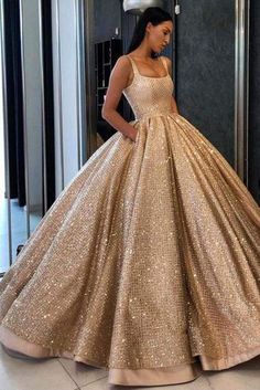 #ballgownpromdresses #goldpromdresses #googleshopping #longpromdresses #partyeventdresses #pocketspromdresses #promdresses #sequinedpromdresses #squarepromdresses Gold Sweet 16 Dresses, Ball Gown Gold, Gold Ball Gown, Quinceanera Dresses Gold, Gold Prom Dresses, Gold Gown, Prom Dresses With Pockets, Princess Ball Gowns, Tulle Ball Gown