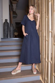 Blue linen boho style summer dress could be a perfect gift for your mother or for yourself!  This dress is made of 100% washed, natural Baltic linen (EU) GIFT - FREE SHIPPING WORLDWIDE * ENLI5 Linen - it's our family creation... for you with love... _ DESCRIPTION  - made from 100% Baltic linen - dress has two comfortable pockets  - model height is 5.7ft (174 cm.) she wears size M - handmade by ENLI5 Linen family in Lithuania (EU) - Color may vary due to different displays * WHY TO CHOOSE US? Every dress is made individually for our clients. If you need small changes in size, please write us a message and together we would find the solution. Our linen is twice washed, so it gets better shape, stylish wrinkles and  indescribable tenderness.  Do not forget that if you really want our products Cotton Linen Dress With Pockets For Vacation, Casual Linen Dress With Pockets For Vacation, Relaxed Fit V-neck Linen Dress With Pockets, Short Sleeve Maxi Dress With Pockets For Vacation, Relaxed Fit Dresses With Pockets For Vacation, Casual Short Sleeve Unlined Dress, Summer V-neck Linen Dress With Pockets, Summer Linen V-neck Dress With Pockets, Casual Linen Maxi Dress With Short Sleeves