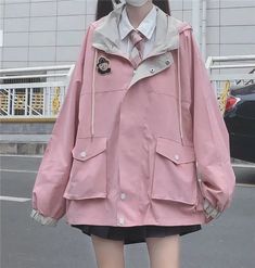 LOVEMI - Color-Blocking Hong Kong Style Jacket Female Students Autumn Preppy Mode, Bear Jacket, Hong Kong Style, Casual Chique, Estilo Preppy, Preppy Aesthetic, Pink Jacket, Girl Coat, College Fashion