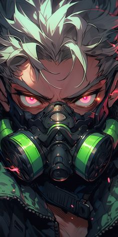 an anime character wearing a gas mask with red eyes and green hair, looking at the camera