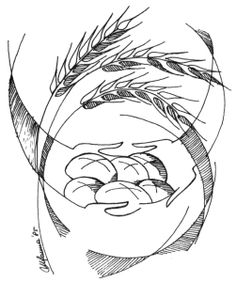 a black and white drawing of a person's face with wheat stalks in the background