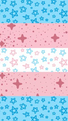 three different colored stars and dots on a blue, pink, and white striped background