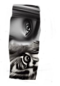 a black and white photo of a tiger's eye with its reflection in it