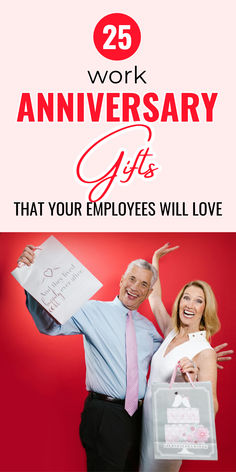 two people are posing for the camera with their arms in the air and one is holding a sign that says, 25 work anniversary gifts that your employees will love