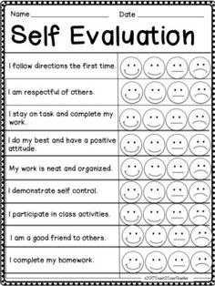 a worksheet with the words self evaluation in black and white text