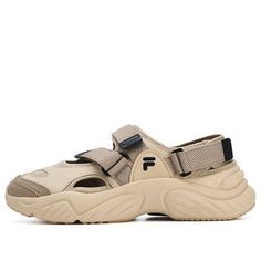 FILA FUSION Conch Sandals ''Beige Black' T12M321401FMA Beige Closed Toe Sport Sandals For Summer, Beige Sport Sandals With Cushioned Footbed For Summer, Beige Slip-on Sport Sandals For Summer, Brown Rubber Sole Sneakers For Summer, Beige Casual Sport Sandals With Round Toe, Casual Beige Sport Sandals With Round Toe, Summer Leather Sneakers, Casual Khaki Sandals For Summer, Brown Sneakers For Summer Streetwear