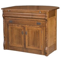 a wooden cabinet with two doors and drawers