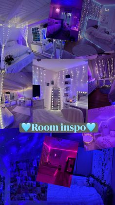 a collage of rooms with lights and decorations on the walls in purple hues