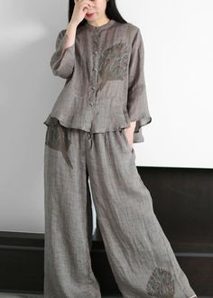 Top Quality Grey Stand Collar Print Linen Tops And Wide Leg Pants Two Piece Outfit flare sleeve Pants Two Piece Outfit, Trendy Dress Styles, Linen Tops, Trendy Shirt Designs, Flared Sleeves Top, Linen Tank Top, Tracksuit Set, Printed Linen, Linen Top