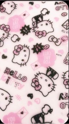 hello kitty wallpaper with pink hearts and black cats on white background, all over the surface