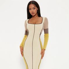 This Dress Is So Cute. Never Worn. Cream Yellow, Fashion Nova Dress, Fashion Nova Dresses, Baddie Outfits Casual, Knit Midi, Knit Midi Dress, Outfits Casual, Radio Station, Baddie Outfits