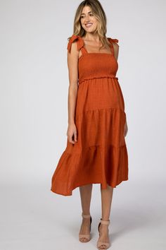 Rust Bow Strap Tiered Maternity Midi Dress Tie Strap Midi Dress, Green Maternity Dresses, Maternity Sundress, Casual Maternity Dress, Pink Blush Maternity Dress, Summer Maternity Fashion, Maternity Clothes Summer, Bow Straps, Maternity Dresses Summer