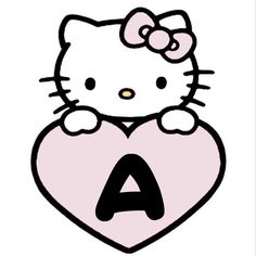 a hello kitty sitting on top of a heart with the letter a in it's paws