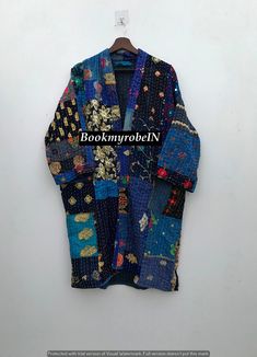 Jaipuri Kantha Kimono, Vintage Patchwork Jacket, Embroidery Jacket Coat, Kantha Jacket Kimono Robe, Handmade Unisex Open Jackets & Coat Message us for Custom / Wholesale / Bulk Order inquiries. This Kimono is made of hand Kantha stitch fabric in patchwork The Fabric is a handmade printed Fabric, opened Embroidery Jacket kantha work. 100% cotton fabric, hand crafted by the vintage kantha Made with the cotton fabric with reversible pattern perfectly quilted for winters. Patchwork Embroidery Cotton Kimono Kantha stitch over the fabric gives it a unique look. It is two Layer of Cotton Kantha Stitch (Hand Quilted) Fabric Robe. Material - 100% cotton Size - One Plus ( Free Regular ) One size US women's letter Product: 1 PC Patchwork Cotton Kantha Jacket Kimono With Belt Measurements or Sizes: Le Blue Bohemian Outerwear For Festive Occasions, Festive Multicolor Nehru Jacket For Winter, Long Multicolor Outerwear For Festivals, Multicolor Long Sleeve Outerwear For Festivals, Bollywood Style Long Sleeve Outerwear For Festivals, Bohemian Outerwear With Zari Work For Festivals, Long Sleeve Multicolor Embroidered Kimono For Fall, Traditional Blue Outerwear For Festivals, Multicolor Long Sleeve Nehru Jacket For Winter