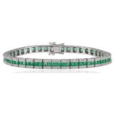 This Certified Emerald Diamond Wedding Tennis Bracelet in 18K gold showcases endlessly sparkling natural emerald, weighing 3.56 carat and diamonds weighing 1.17 carat. It measures 7 inches long in length. Emerald enhances intellectual capacity of the person. Designed with perfect square cut emerald set in center with diamonds set on top and bottom of the emerald to make you stand out on any occasion or event. The elegant style complements the attire beautifully and this is a perfect May Birthsto Classic Emerald Bracelets For Formal Occasions, Formal Emerald Cut Diamond Bracelet, Classic Formal Emerald Bracelets, Emerald Diamond Bracelet In White Gold For Formal Events, Formal White Gold Diamond Bracelet With Emerald, Elegant White Gold Diamond Bracelet With Emerald, Green Diamond Bracelet For Formal Occasions, Emerald Tennis Bracelet With 17 Jewels For Wedding, Fine Jewelry Emerald Bracelet With Brilliant Cut