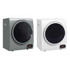 two different types of speakers are shown in front of the same speaker, one white and one gray