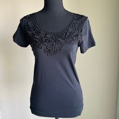 Size: X-Small 15.5” Armpit To Hem Black Shirt Sleeve, Embellished Lace Elegant Stretch Embellished Tops, Elegant Fitted T-shirt With Scoop Neck, Elegant Evening T-shirt With Short Sleeves, Elegant T-shirt For Night Out In Spring, Embellished Stretch Tops, Elegant Black Fitted T-shirt, Elegant Fitted Black T-shirt, Elegant Black T-shirt For Night Out, Elegant Fitted Scoop Neck T-shirt