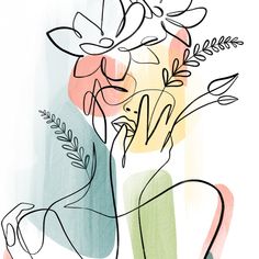 a drawing of a woman with flowers on her head and the word love written in it