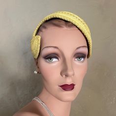 What A Gorgeous 1950s' Yellow Asymmetrical Cap Made Of Grosgrain Strips That Have Been "Woven" Into A Most Intricate Pattern. This Hat Looks Like It Was New, Or Hard;Y Worn. The Hat Is Flexible So As To Fit Any Head Size. Throughout The 1950s, Ladies Wore Hats Daily As A Part Of Their Attire As Was A Pair Of Gloves. Post War 1940’s And 1950’s Saw Many Women Choosing Not To Wear Hats On A Regular Basis. To Preserve Its Market, The Millinery Industry Set About Creating Variety And Extravagance. Generally Speaking Hats Remained Small And Close To The Head. They Were Now Touted As The Essential Accessory To Complete The Ensemble. Alternatively, ‘Pancake’, ‘Mushroom’ Or ‘Cart Wheel Vintage Fitted Headpiece With Short Brim, Hats Vintage, Fashion History, Stuffed Mushrooms, Women Wear, Women Accessories, Yellow, Women Shopping, How To Wear