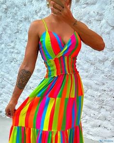 OrcaJump - Stunning and Striking Rainbow Stripe Halter backless Maxi Dress Multicolor Backless Dresses For Summer Parties, Multicolor Spaghetti Straps Midi Dress For Party, Fitted Multicolor Sundress With Tie Back, Backless Multicolor Summer Maxi Dress, Multicolor Backless Summer Maxi Dress, Casual Tie-back Backless Party Dress, Casual Backless Tie Back Dress For Party, Multicolor Backless Maxi Dress For Summer, Casual Tie-back Backless Dress For Party