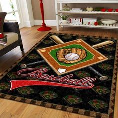 a baseball themed area rug with a bat and ball on it