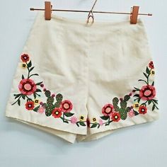 High Waist Embroidered Cactus Floral Shorts Great Condition! Casual Vacation Bottoms With Floral Embroidery, Casual Floral Embroidered Bottoms For Vacation, Casual Floral Embroidery Bottoms For Vacation, Fitted Beach Bottoms With Floral Embroidery, Casual Red Bottoms With Floral Embroidery, Casual Embroidered Shorts For Summer, Embroidered Relaxed Fit Bottoms For Summer, Red Cotton Bottoms With Floral Embroidery, Summer Cotton Bottoms With Floral Embroidery