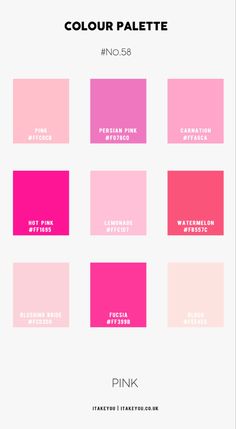 the color palette for pink is shown with different shades and colors in each square, which are