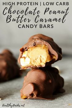 chocolate peanut butter caramel candy bars stacked on top of each other with text overlay