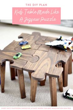 a wooden puzzle table with cars on it and the words, the diy plan kap table made like a jigsaw puzzle