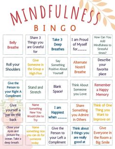 a printable mindfulness game with the words, sayings and phrases on it