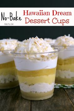 small dessert cups with whipped cream and pineapple toppings in them on a wooden table