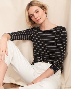 Essential Three-Quarter-Sleeve Boatneck Tee | Garnet Hill Jeans And Flats, Stitch Fix Stylist, Garnet Hill, Boat Neckline, Cool Fabric, Cool Tees, Three Quarter Sleeves, Quarter Sleeve, Pima Cotton