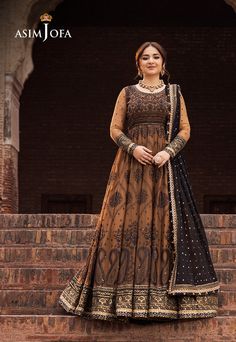 By Pcs: 3 Pcs Trouser: Twisted Silk Dupatta: Chiffon Color: Brown Peshwas: Chiffon Product Details Step into the ethereal beauty of our brown-colored peshwas from Asim Jofa's "Chikankari" Eid collection and let yourself be transported to a world of vintage romance. Crafted with meticulous attention to detail, this peshwas is a masterpiece of elegance and sophistication. The embroidery is adorned with exquisite black threadwork, black sequins, and shimmering gold zariwork creating a mesmerizing t Formal Unstitched Floor-length Dress, Floor-length Organza Dress With Dabka, Floor-length Organza Dress With Dabka Details, Black Organza Dress With Zari Work, Elegant Black Organza Dress With Zari Work, Elegant Brown Dress With Dupatta, Brown Wedding Dress For Eid, Eid Organza Dress With Pallu, Brown Anarkali Set With Dupatta