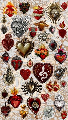 many different types of heart shaped brooches on a white background with gold and red accents